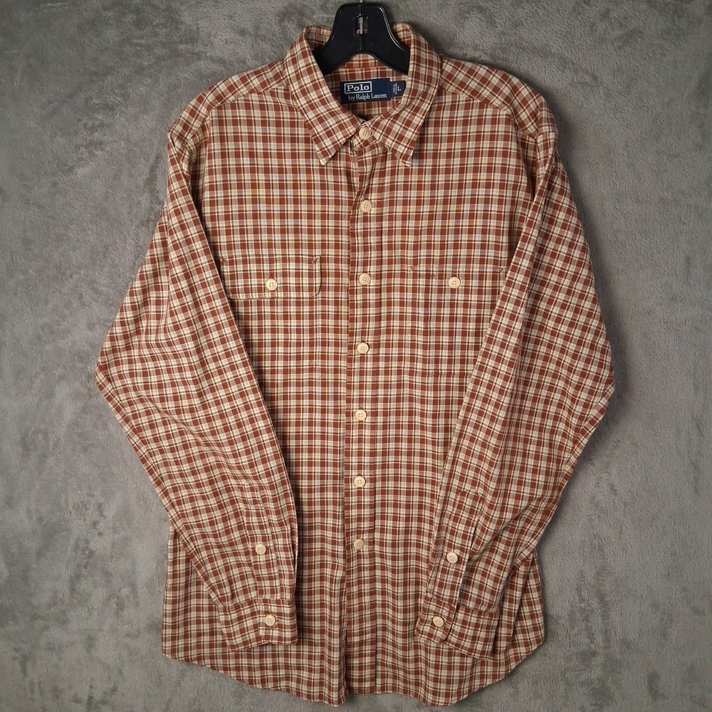 Polo Ralph Lauren Mens Brown Plaid Button Down Shirt Long Sleeve Large L Pockets